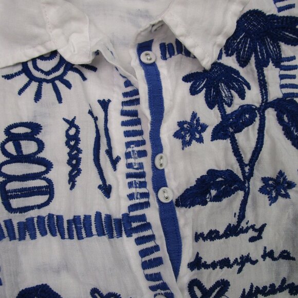 Embroidered Classic Shirt White Ramie Royal Blue - Picture 5 of 14